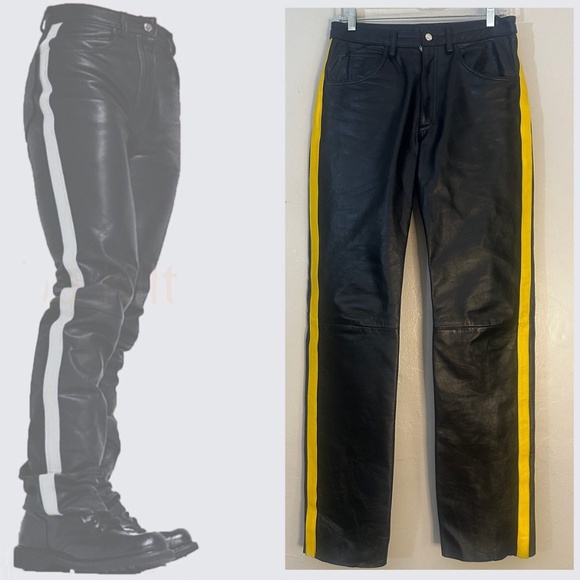 Daddy's Closet Leather Pants Yellow Stripe 30" waist Small 33" inseam unhemmed - Picture 1 of 7